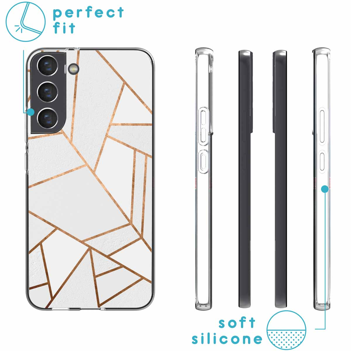 Phone case with a white marble pattern and gold lines.