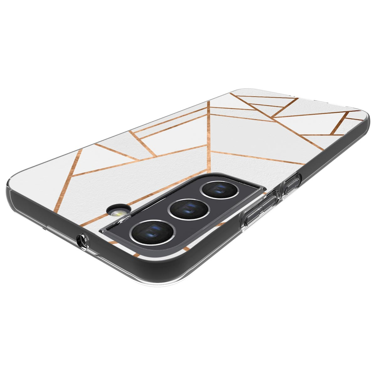 A phone case with a white and gold geometric pattern is shown. The case is on a black phone with three camera lenses.
