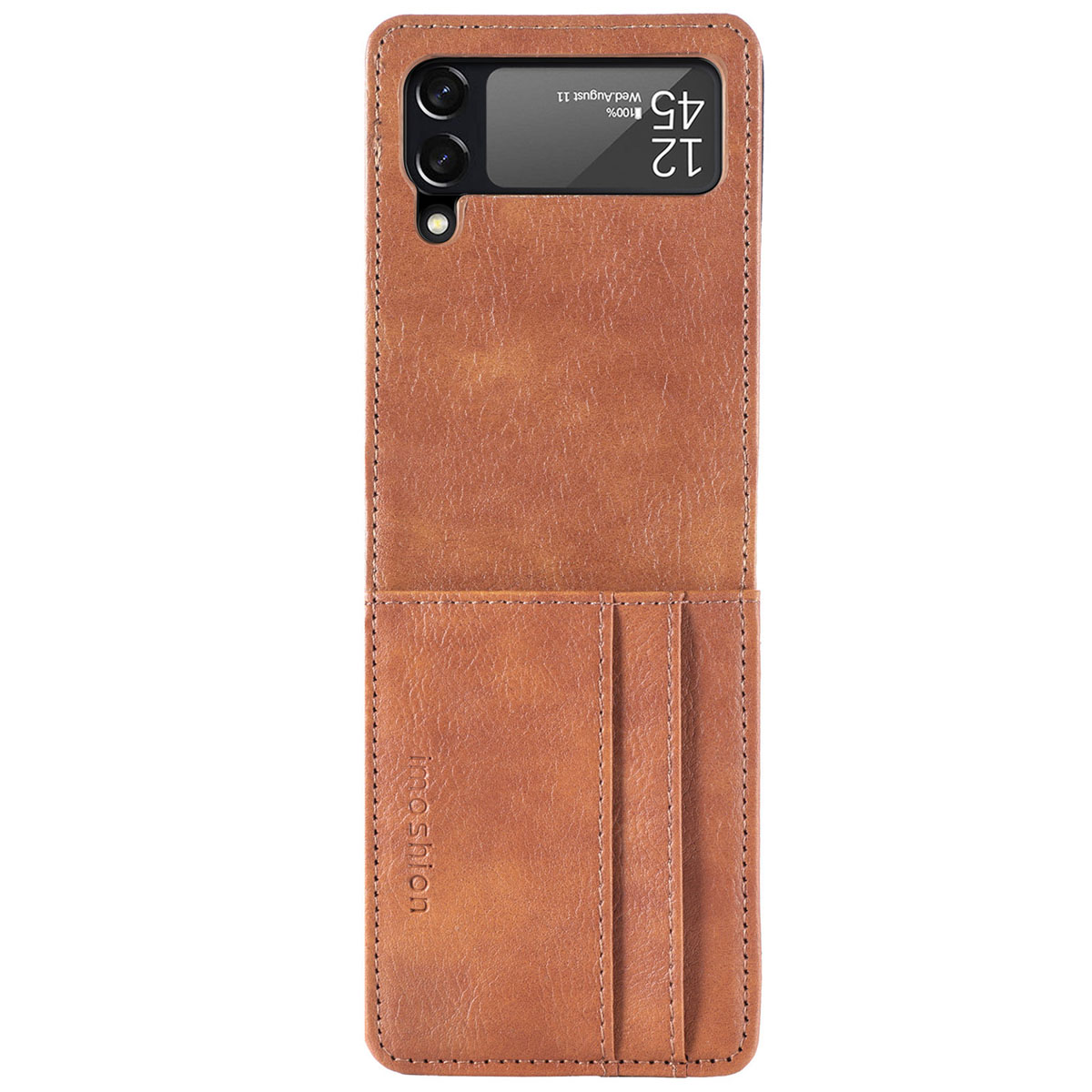 Coque de téléphone marron avec une fenêtre pour l'appareil photo. L'étui a des fentes pour cartes.