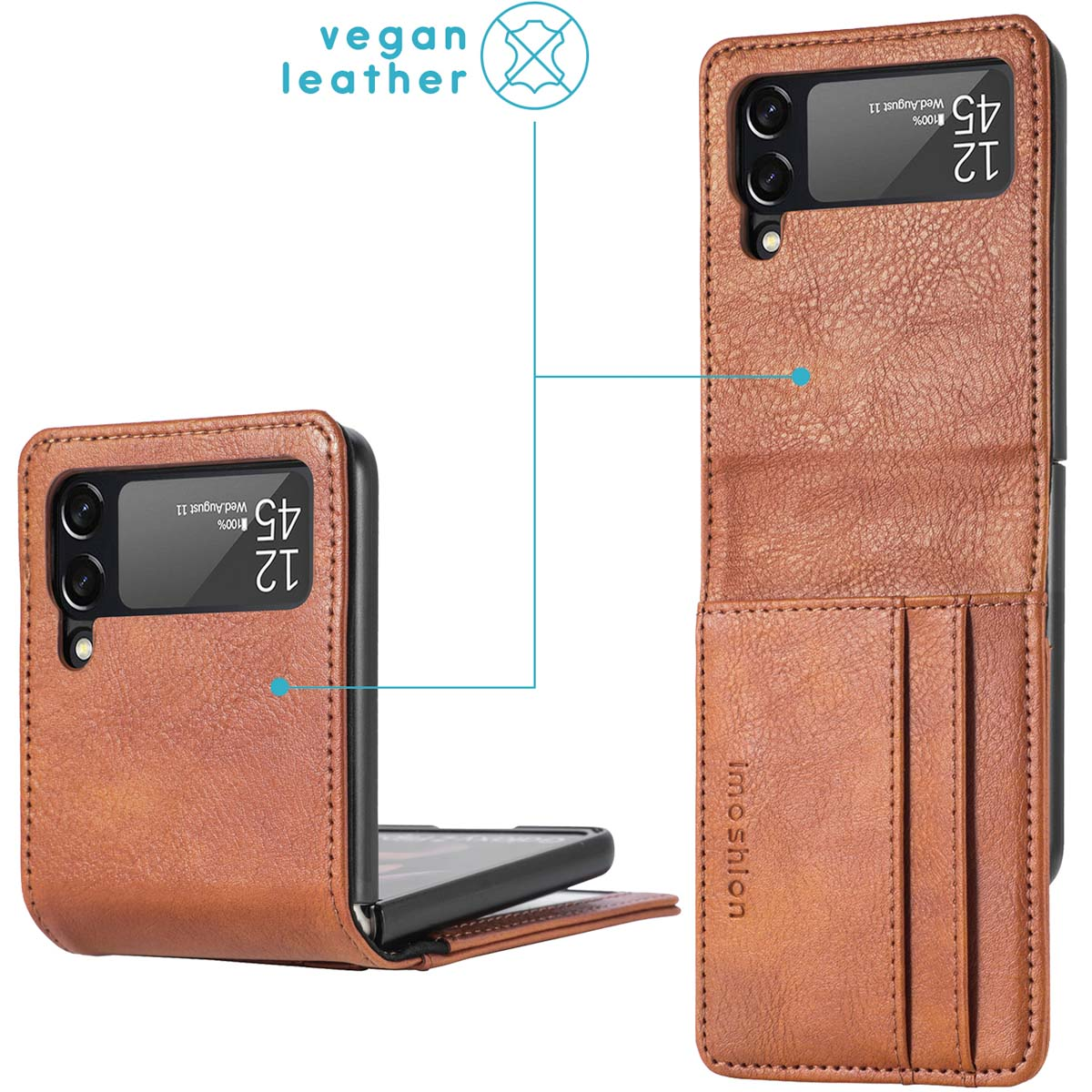 Coque de téléphone marron avec téléphone, cuir végétal et emplacements pour cartes.