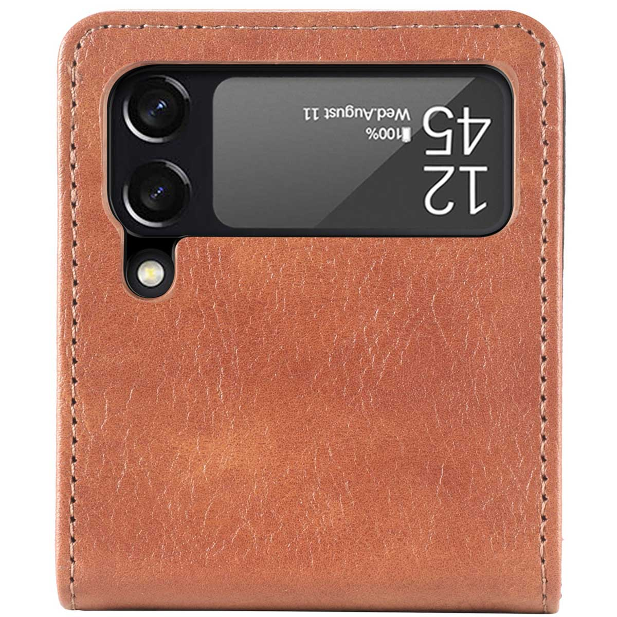 Coque de téléphone marron avec une horloge indiquant l'heure, avec une texture simili cuir.