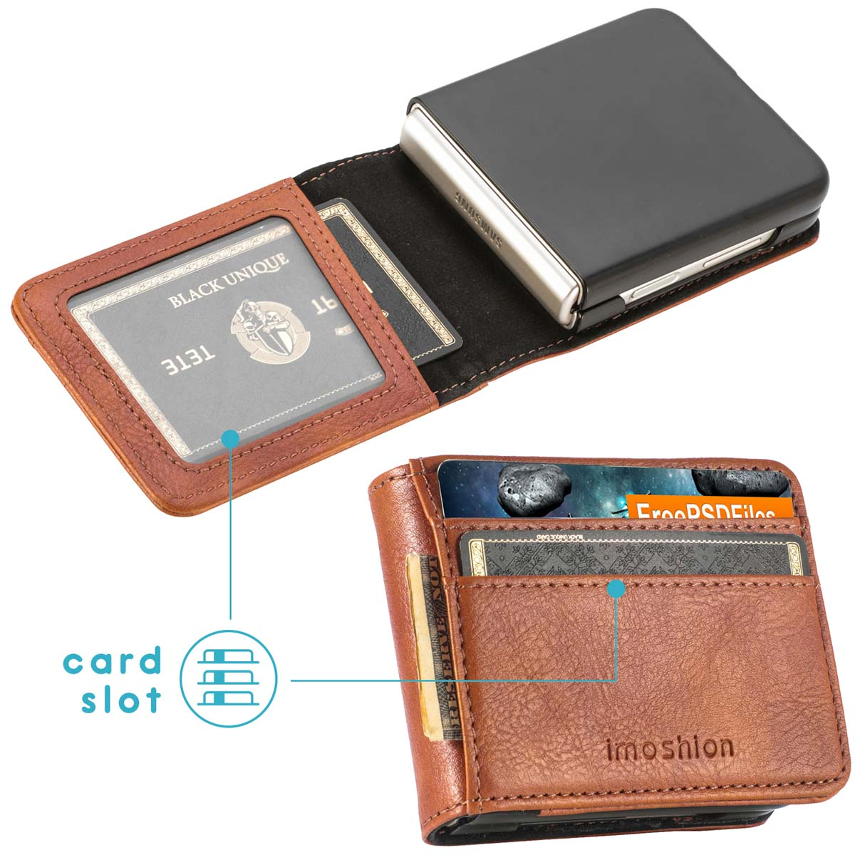Portefeuille marron avec fentes pour cartes, coque noire à l'intérieur.