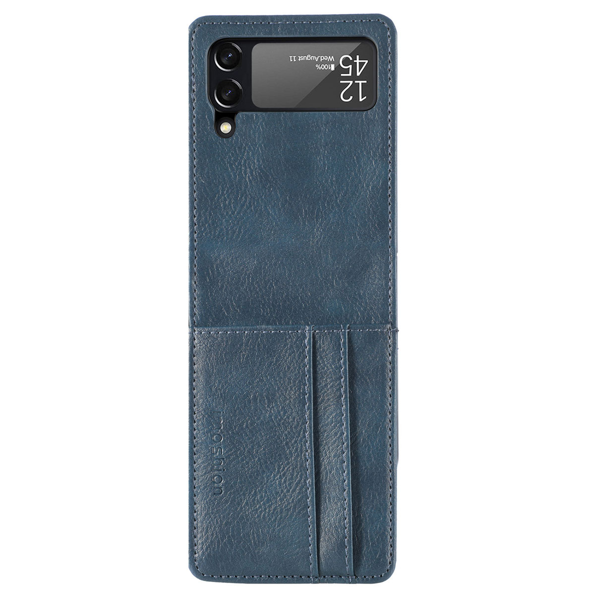 Coque de téléphone bleue avec des emplacements pour cartes. Elle comporte un écran et une découpe pour l'appareil photo, avec une date.