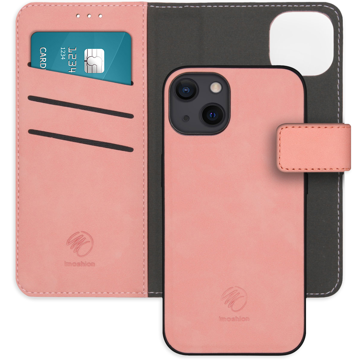Roze telefoonhoes met een roze telefoon erin. De telefoon heeft twee camera's en een roze voorkant. Open hoes.