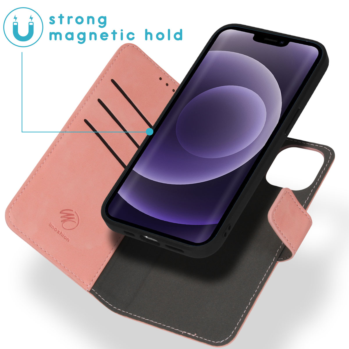 Roze telefoonhoesje met magnetische houder, telefoon binnenin. Roze leren portemonnee-achtige hoes.