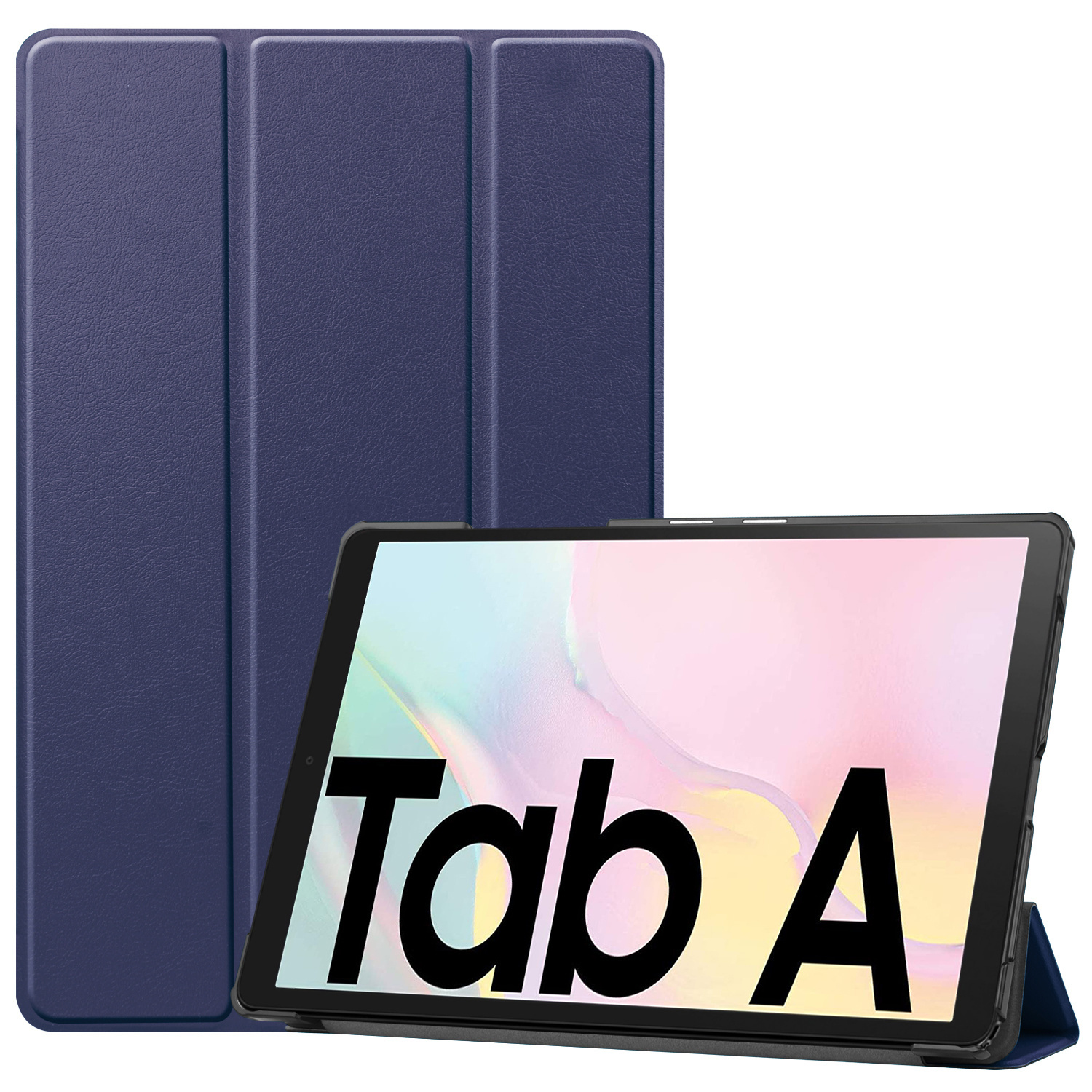 Tablet met blauwe hoes. De tablet staat rechts met de tekst 'Tab A' op het scherm.
