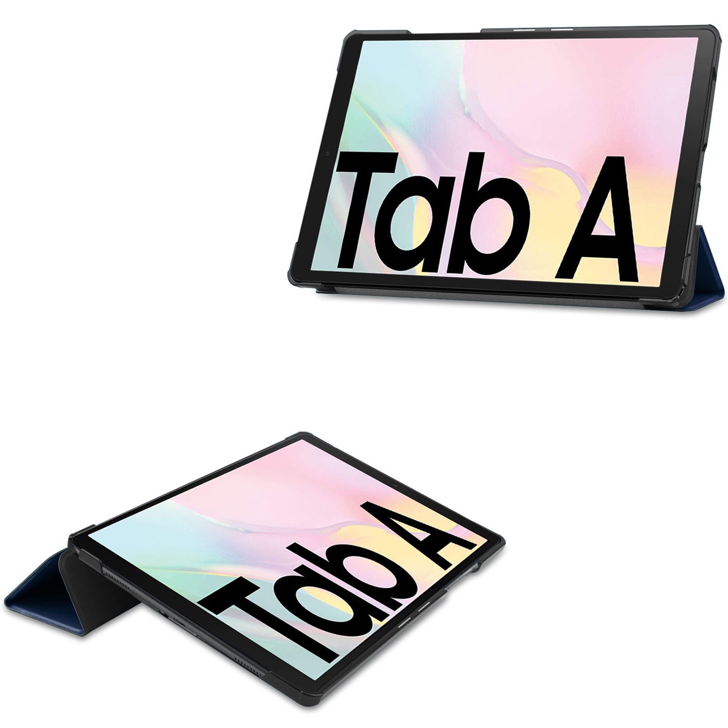 Tablet in zwarte hoes, twee hoeken. Tekst: Tab A. Hoes is blauw van binnen.