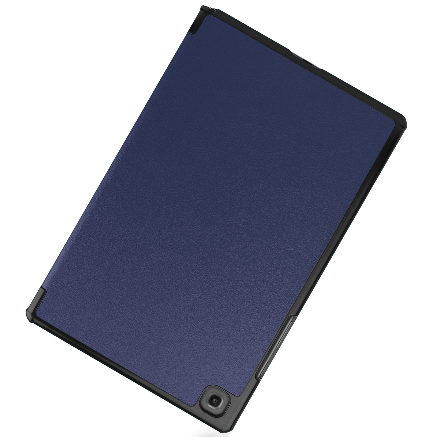 Donkerblauwe tablethoes, gesloten. De hoes bedekt de hele tablet.