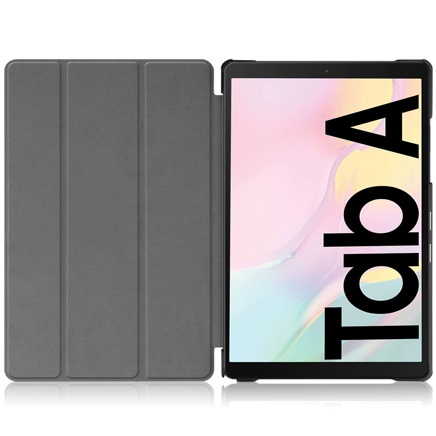 Een tablet met een grijze hoes opengevouwen, met het scherm met het Tab A logo.