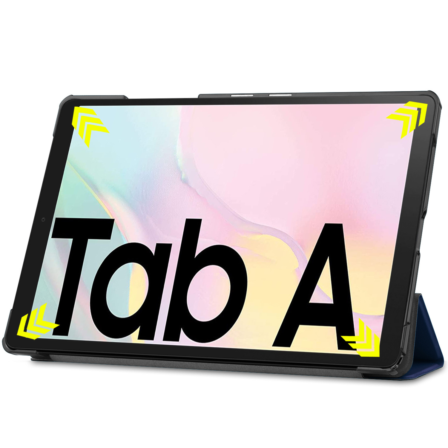 Tablet in zwarte hoes, toont scherm met tekst "Tab A". De hoes is opgezet.