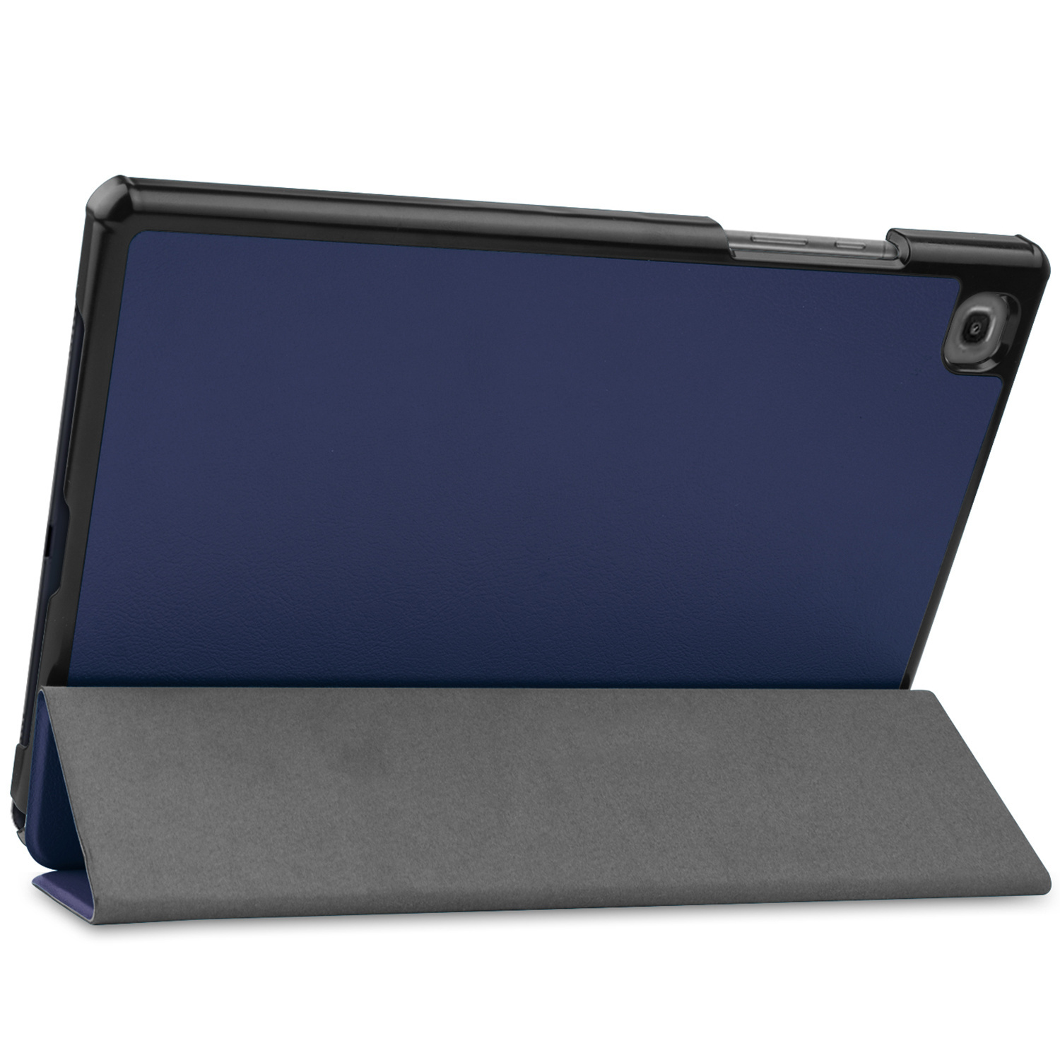 Blauwe tablethoes met een grijze standaard. De tablet zit in de hoes.