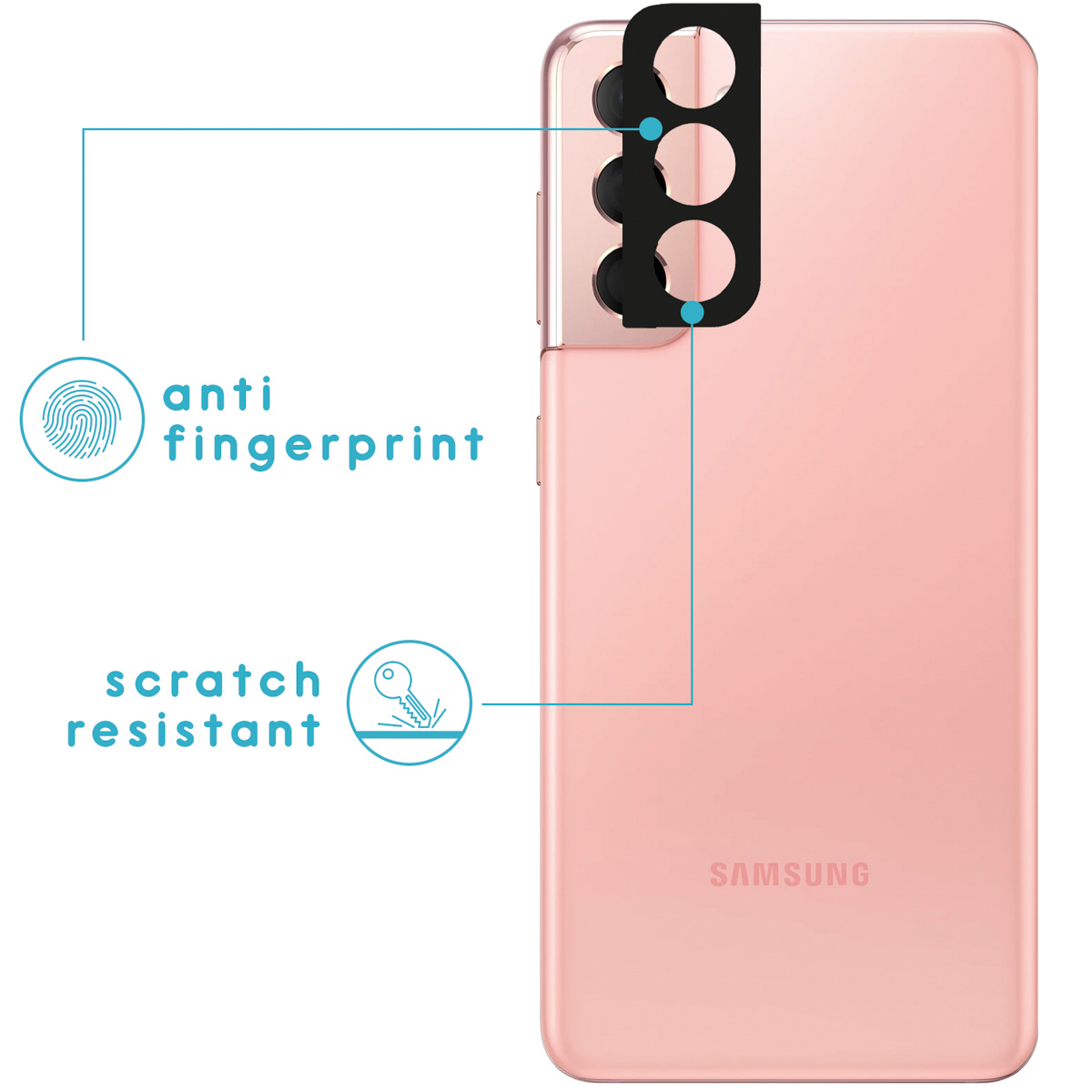 Pink phone back with scratch resistant and anti-fingerprint features. Arrows point to the features.