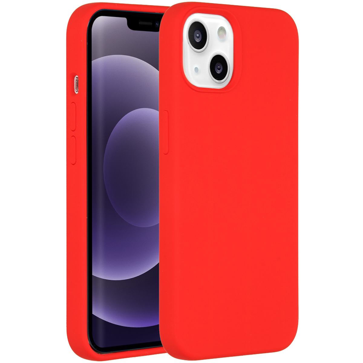 Rote Handyhülle neben einem Telefon mit rotem Bildschirm.