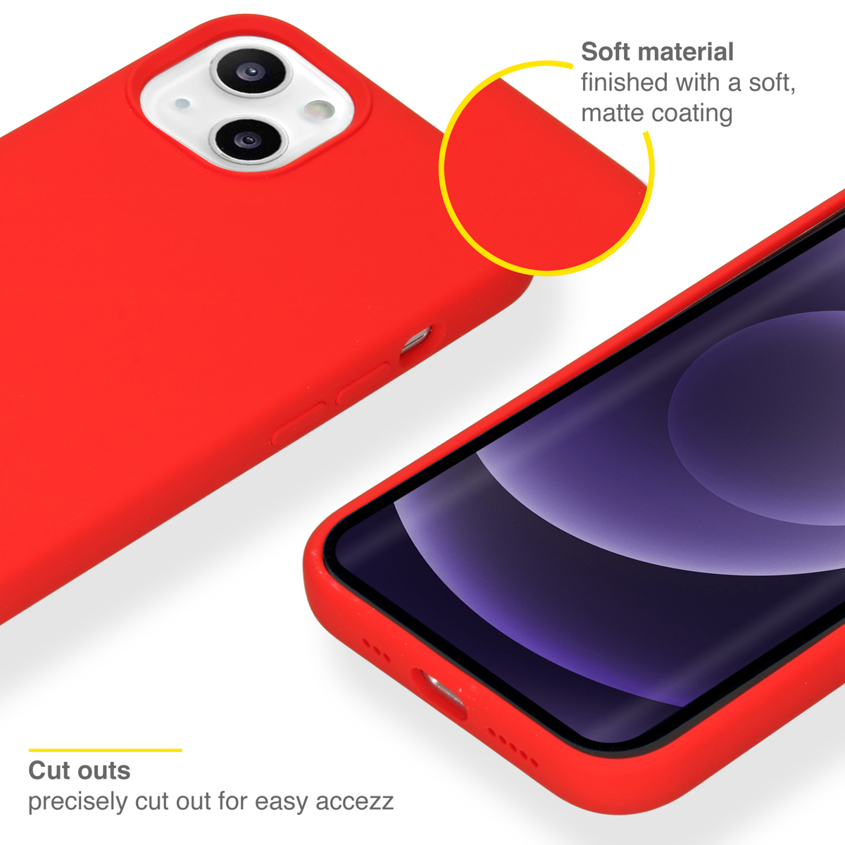 Rote Handyhülle mit weichem, mattem Finish. Aussparungen sind präzise für einfachen Zugriff.
