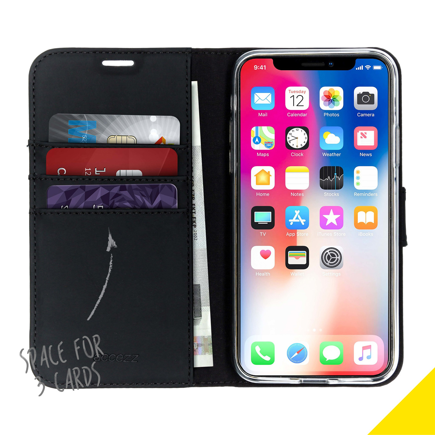 Zwarte telefoonhoes, open, met iPhone met app-iconen en kaartsleuven met kaarten en een bankbiljet.