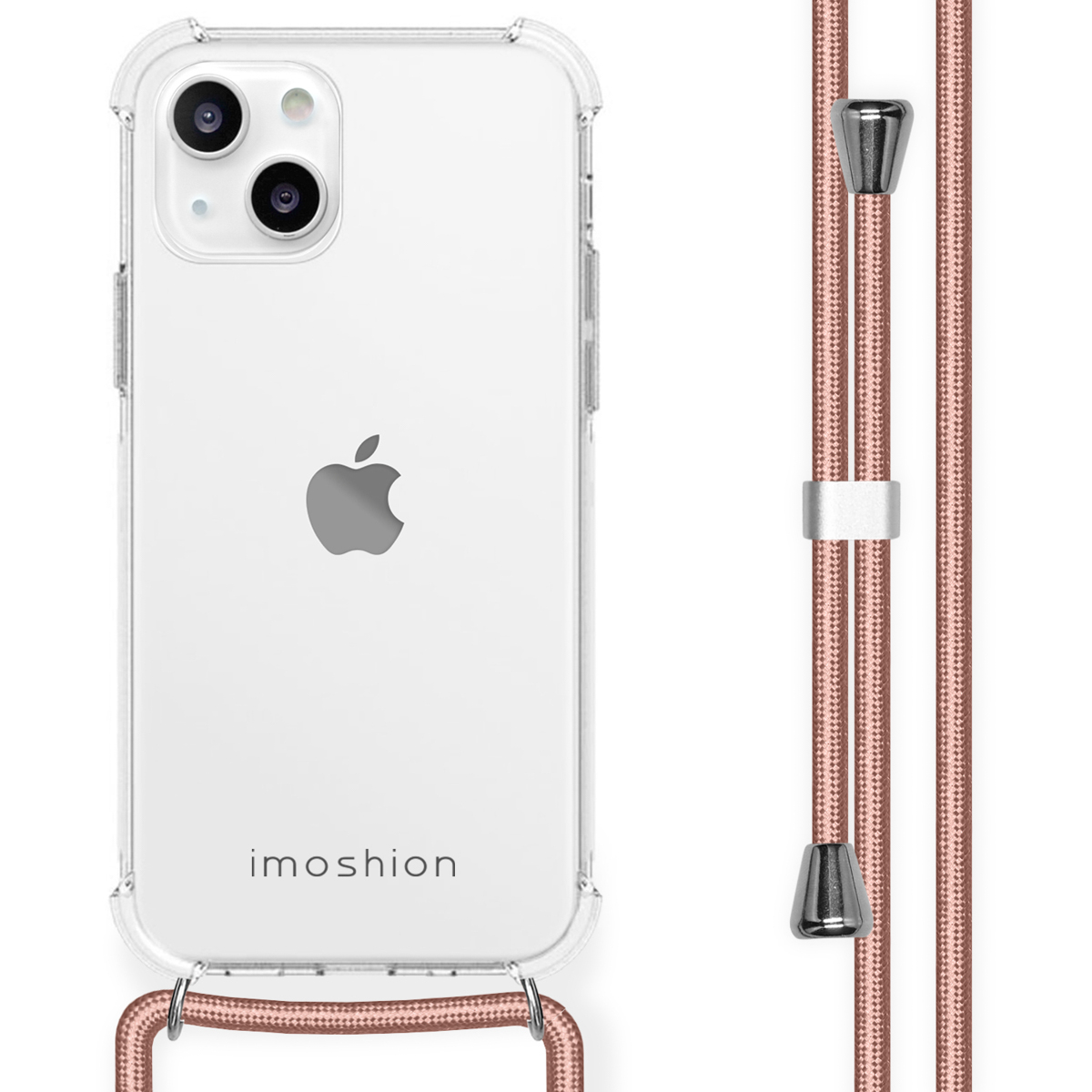 Transparante iPhone-hoes met een roze telefoon. Roze telefoon met twee camera's. Rosegouden telefoonriem. Witte achtergrond.