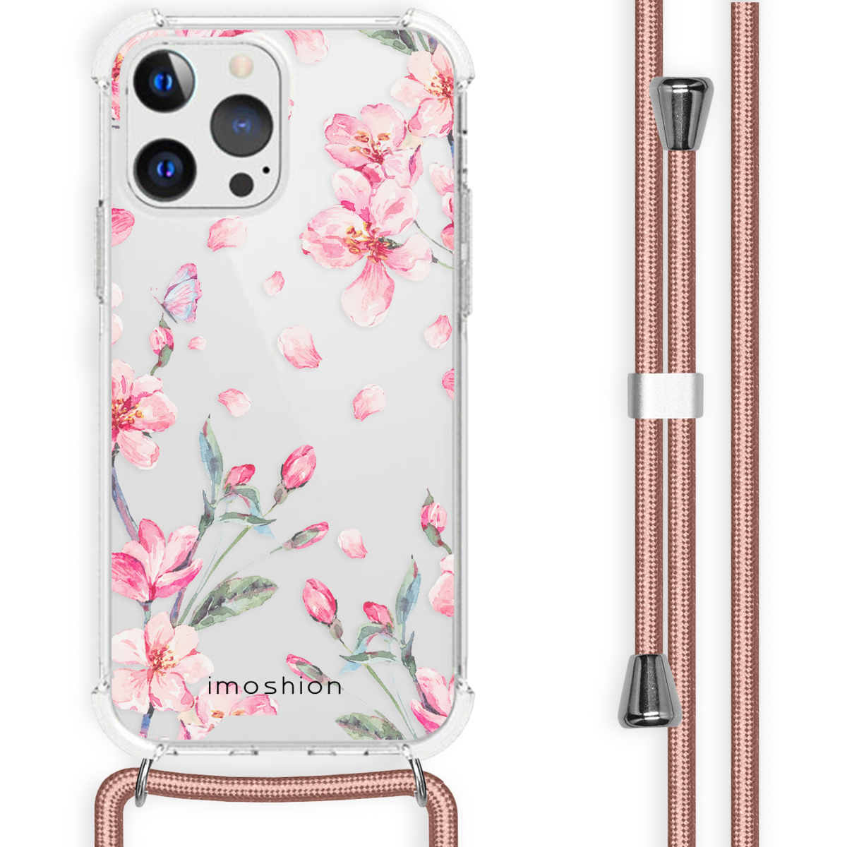 Téléphone dans une coque transparente avec un motif floral rose. Un cordon est fixé au bas de la coque.