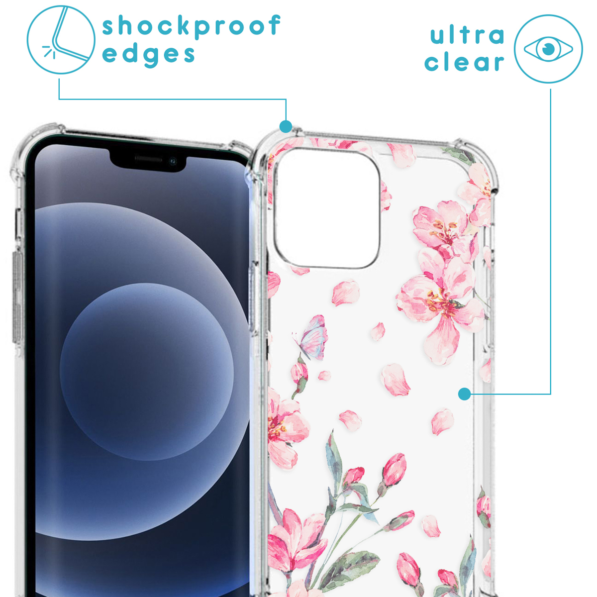 Coque de téléphone transparente avec fleurs roses et un téléphone à l'intérieur. Bords antichocs et ultra clair.