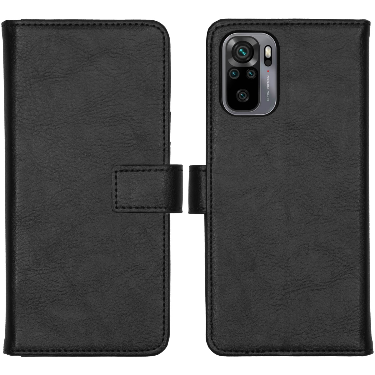 Custodia per telefono nera, aperta, che mostra le fotocamere e il flash del telefono. La custodia è chiusa con una chiusura magnetica.