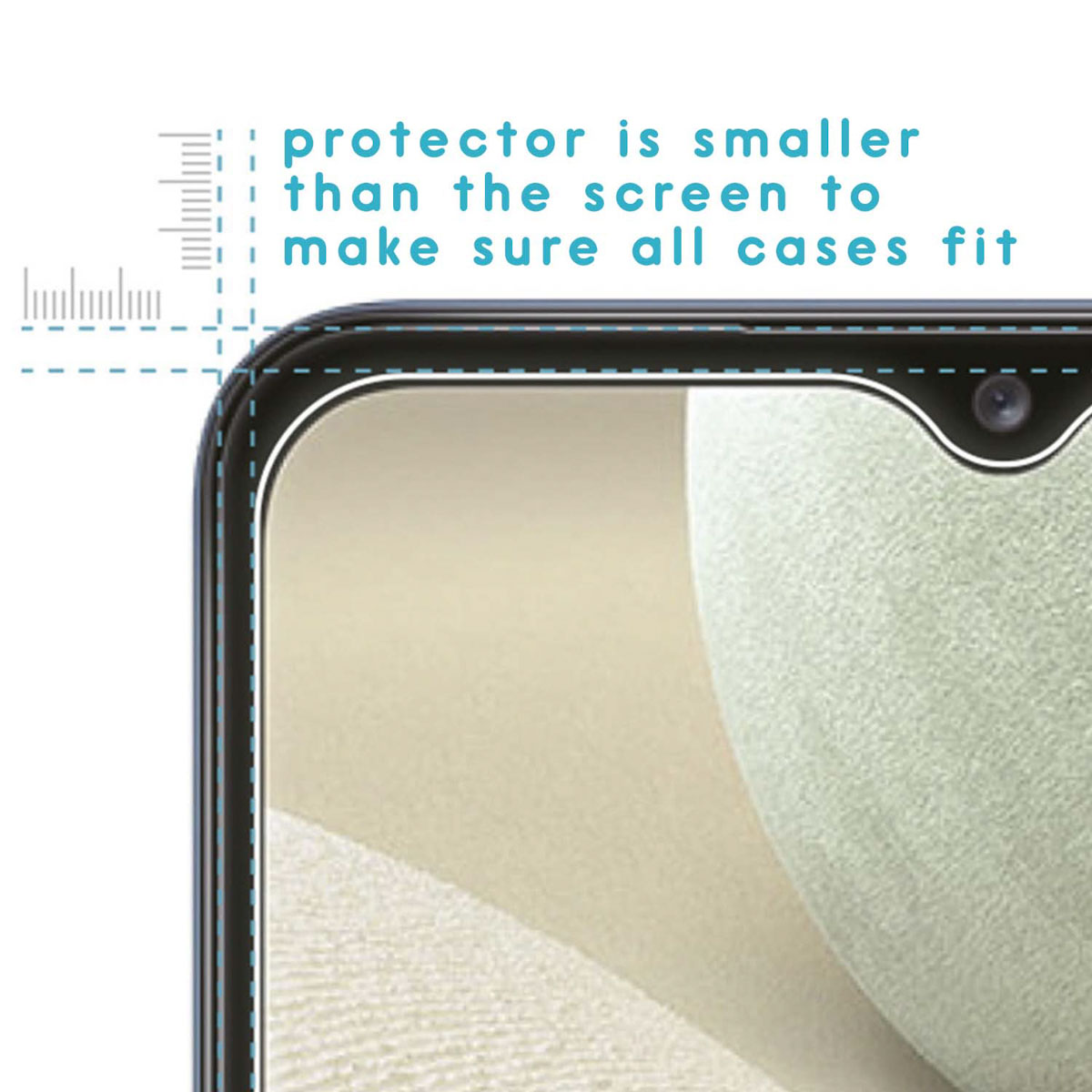 Phone screen protector. Protector is smaller than the screen to fit all cases. Lines show the fit.