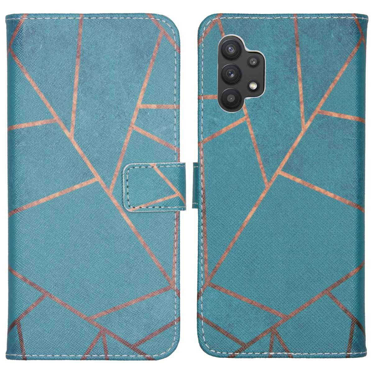 Coque de téléphone avec un fond bleu et des lignes géométriques orange. L'étui est ouvert. Le téléphone a des caméras.