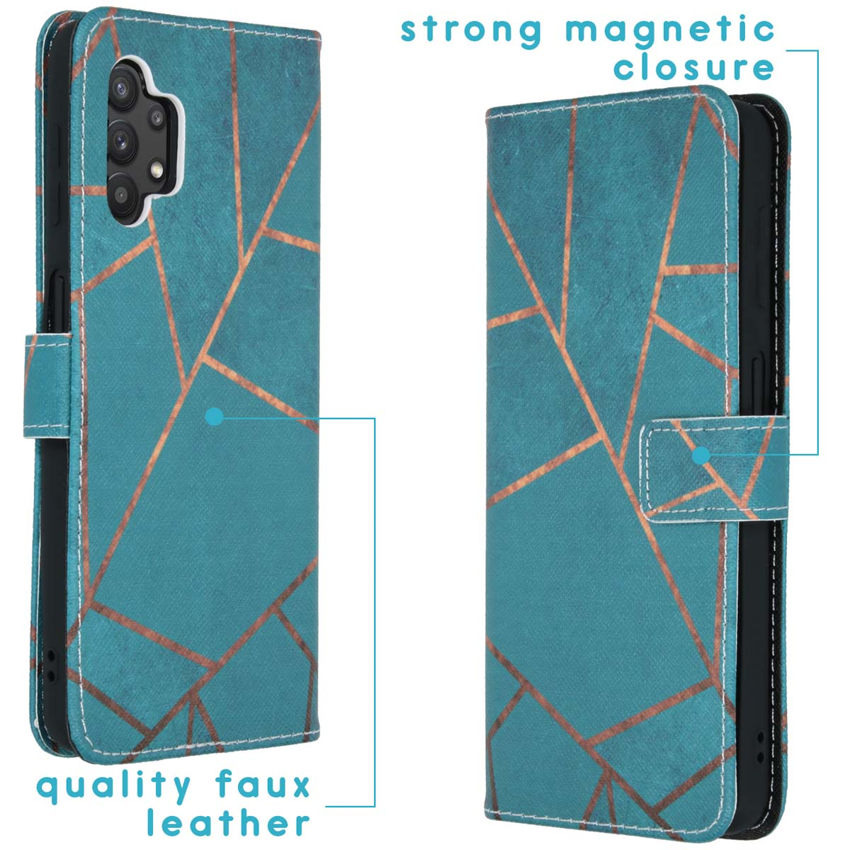 Étui de téléphone avec un design géométrique turquoise, fermeture magnétique solide et similicuir de qualité. Deux côtés.