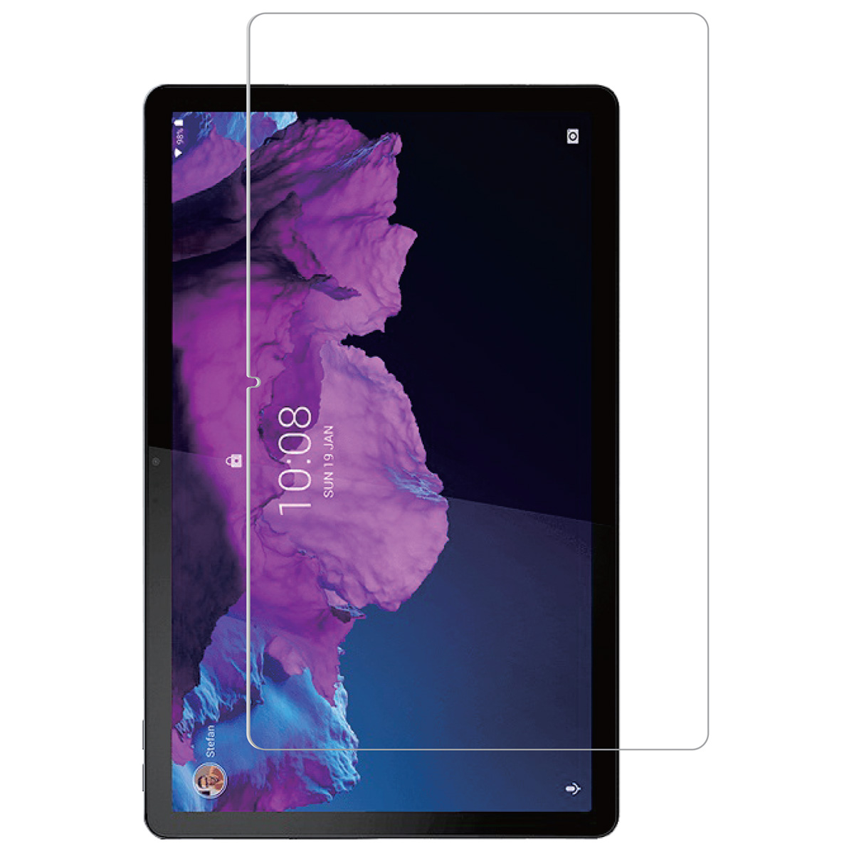 Tablet with a screen protector. The screen shows the time and date. The protector is clear.
