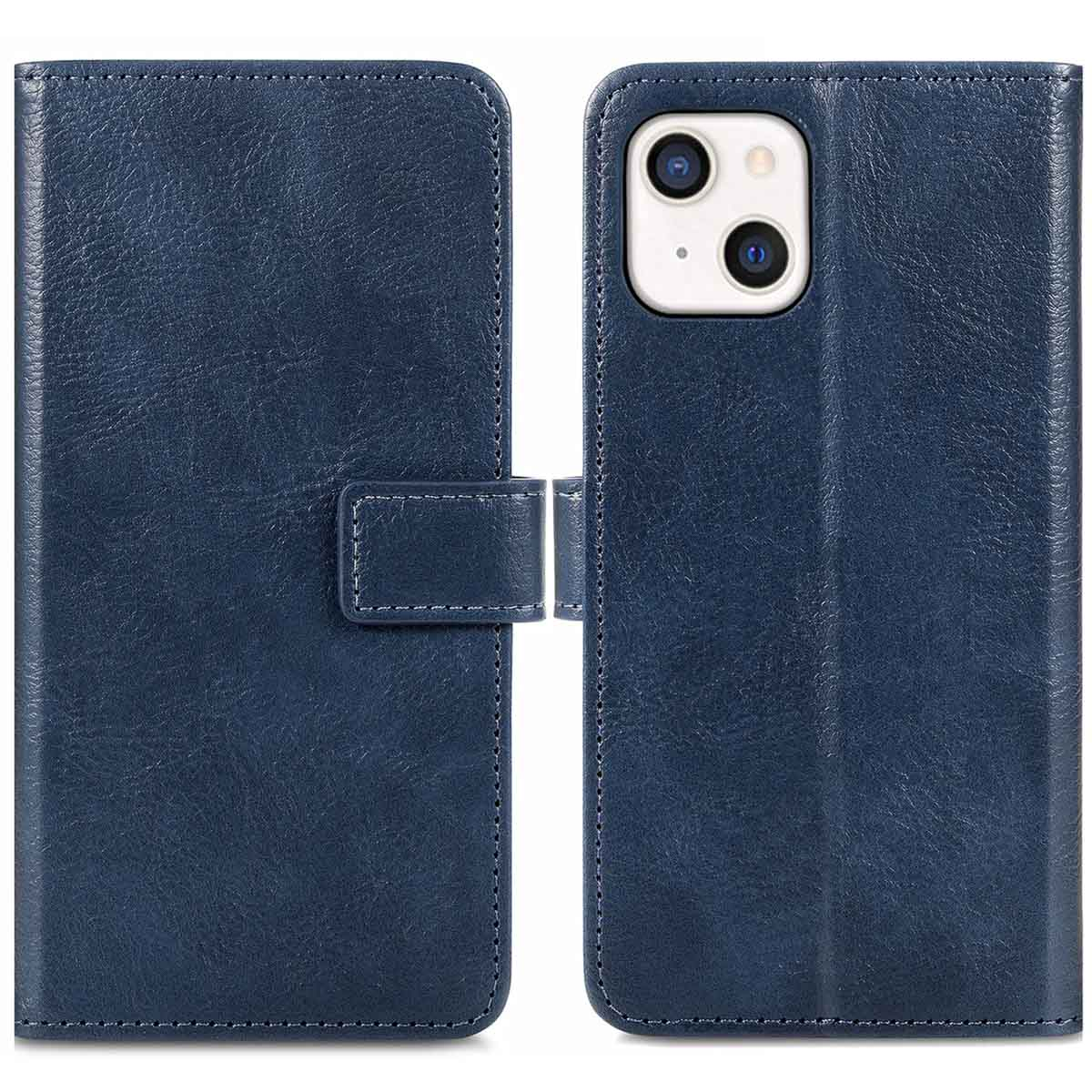 Marineblauwe telefoonhoes, open en toont de telefoonhouder en een magnetische sluiting.