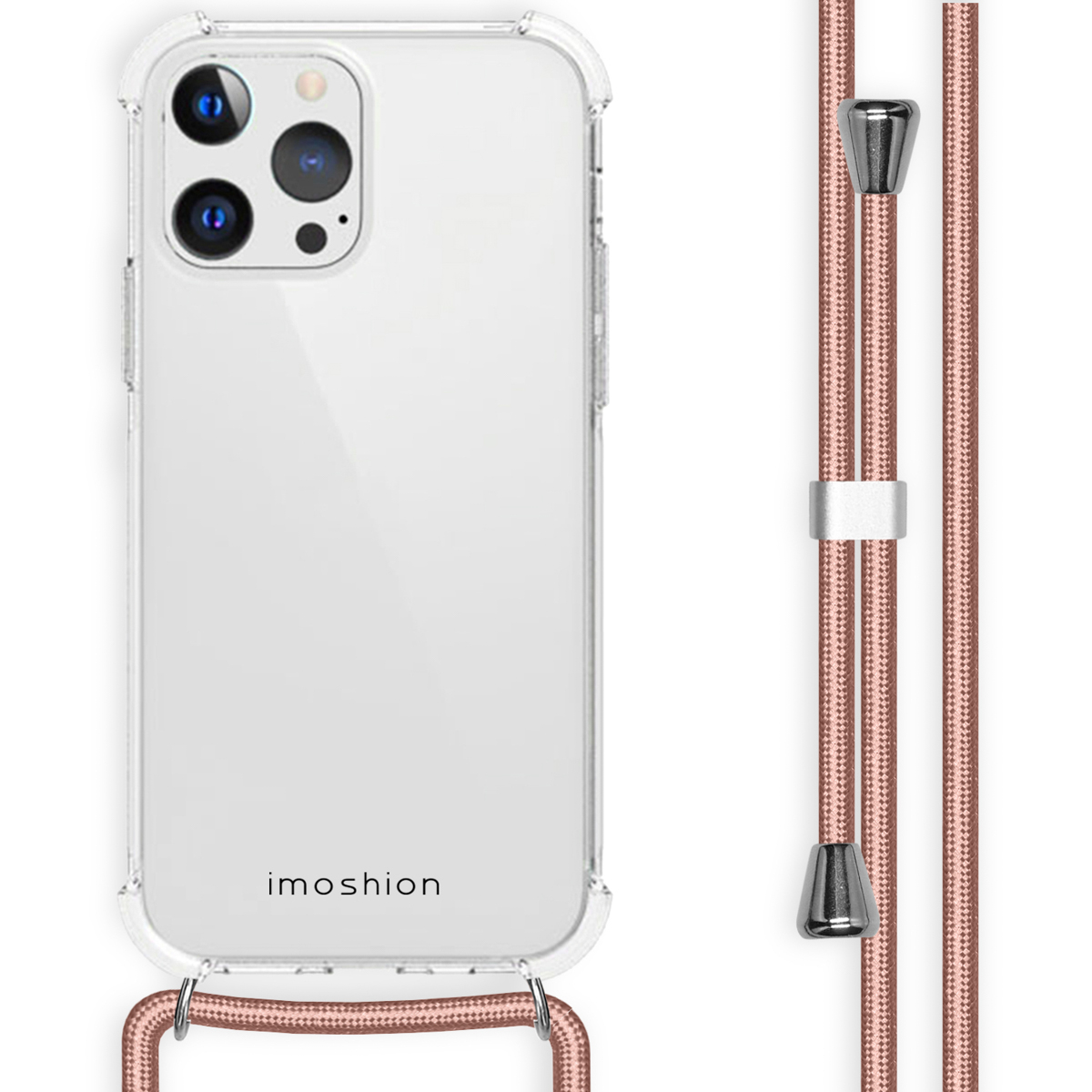 Une coque de téléphone transparente avec un cordon rose attaché, avec des accessoires argentés.