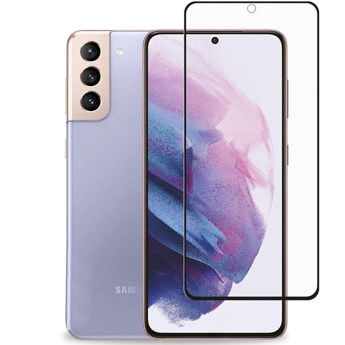 Smartphone en screenprotector, naast elkaar. Telefoon is paars. Screenprotector is helder.