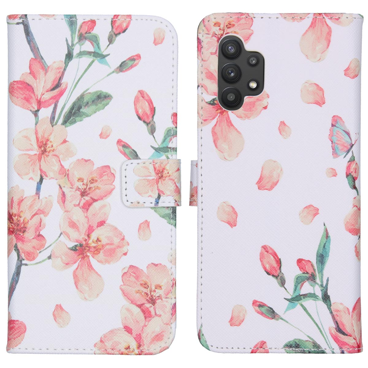 Een telefoonhoesje met een bloemenpatroon. De hoes is open en toont de telefoon. Bloemblaadjes verspreid.