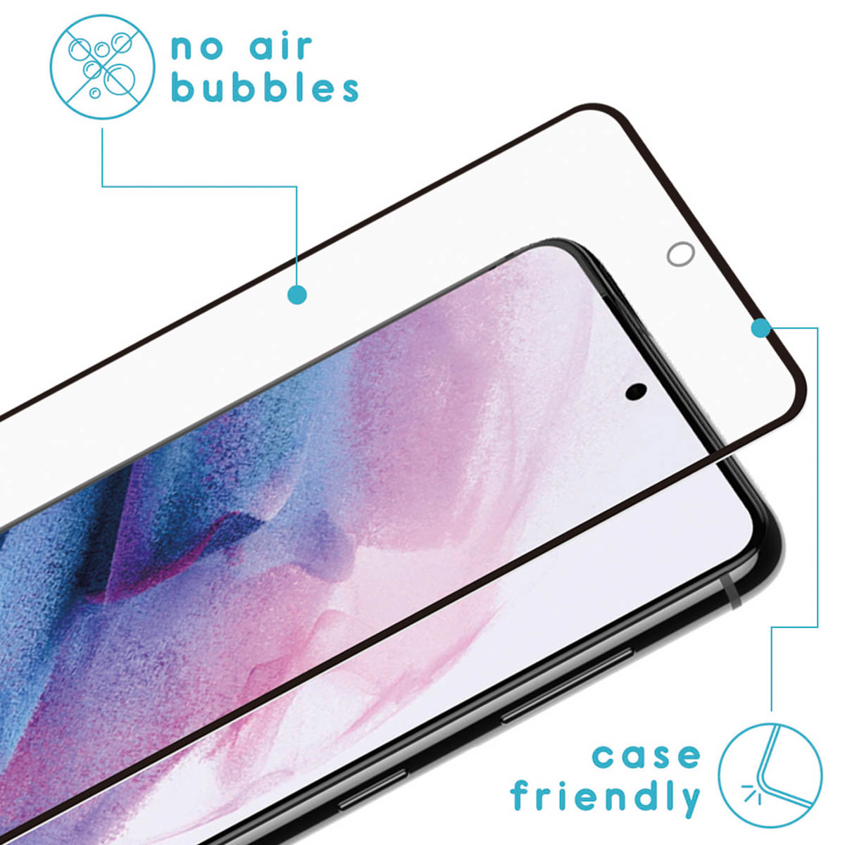 Een telefoon screenprotector met tekst 'Geen luchtbellen' en 'Case friendly'.