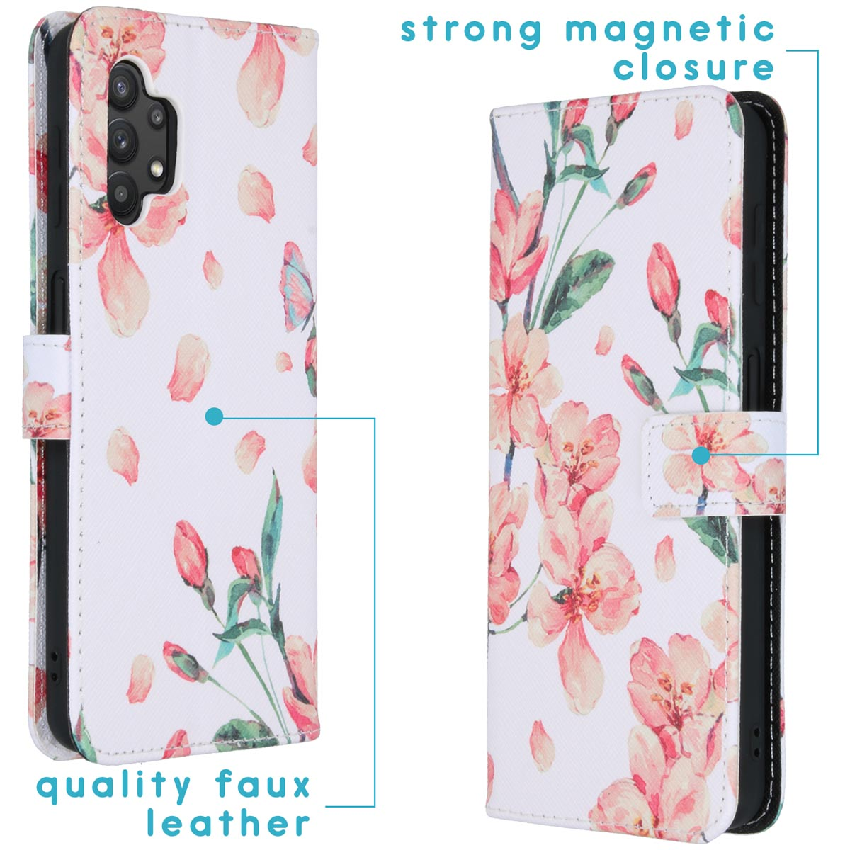 Telefoonhoes met bloemenontwerp open. Hoes heeft kaartsleuven. Woorden zeggen kwaliteit imitatieleer. Magnetische sluiting.