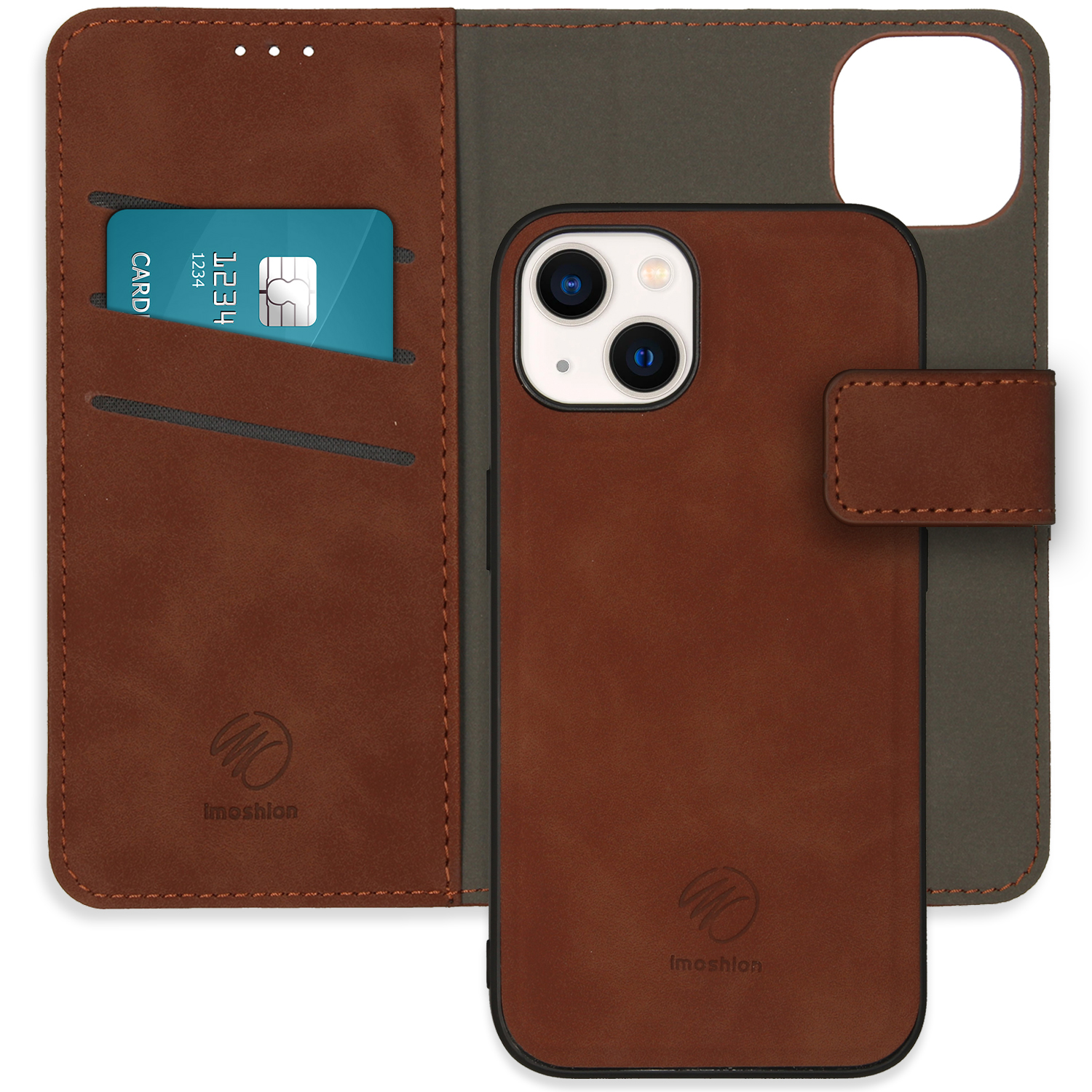 Een bruine telefoonhoes met een portemonnee-functie wordt gepresenteerd. Het toont een creditcard in een sleuf.