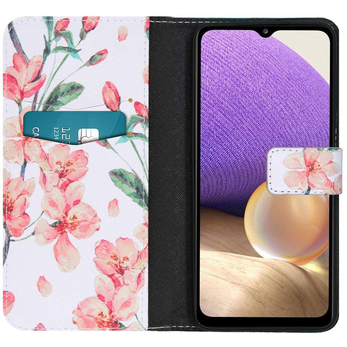 Open telefoonhoesje met bloemenmotief, een kaart en een telefoon met een paars scherm.