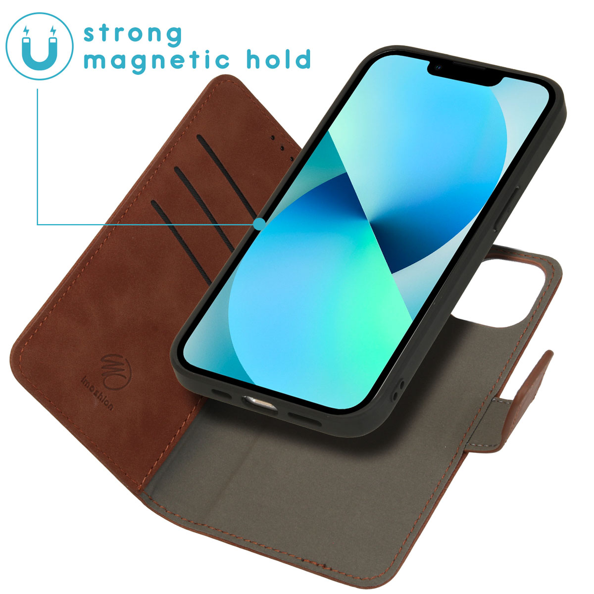 Bruine telefoonhoes met iPhone. Hoes heeft een magnetische sluiting. Sterke magnetische grip.