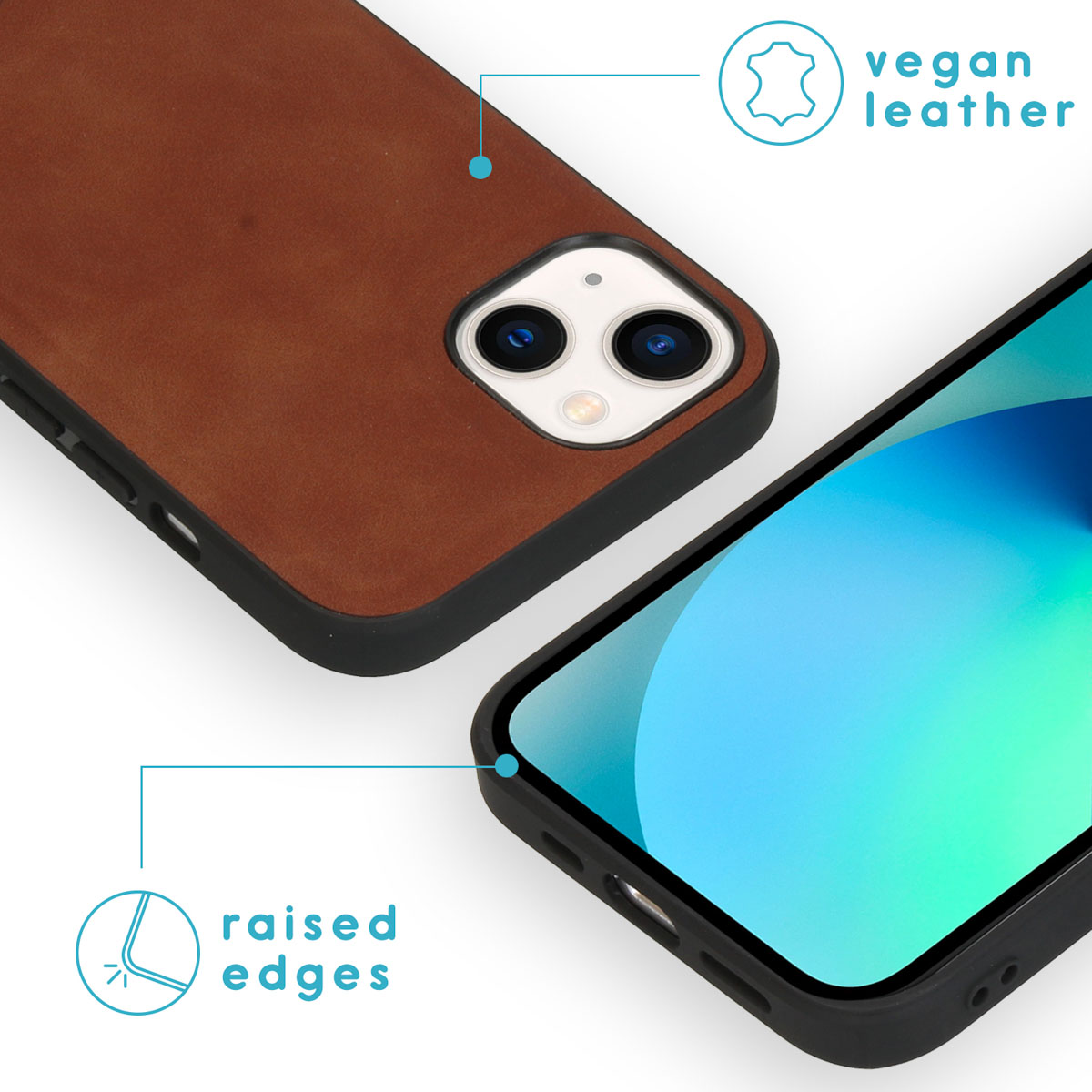 Bruine telefoonhoes, met verhoogde randen en veganistisch leer. Telefoon zit in de hoes.
