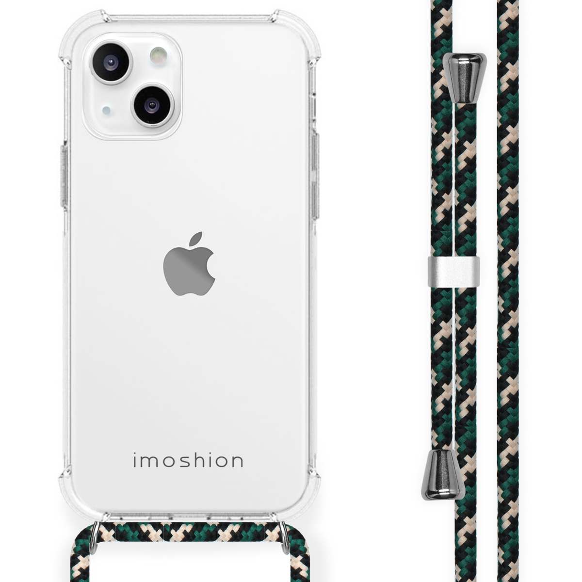 Transparante iPhone-hoes met een groen-witte telefoonriem.