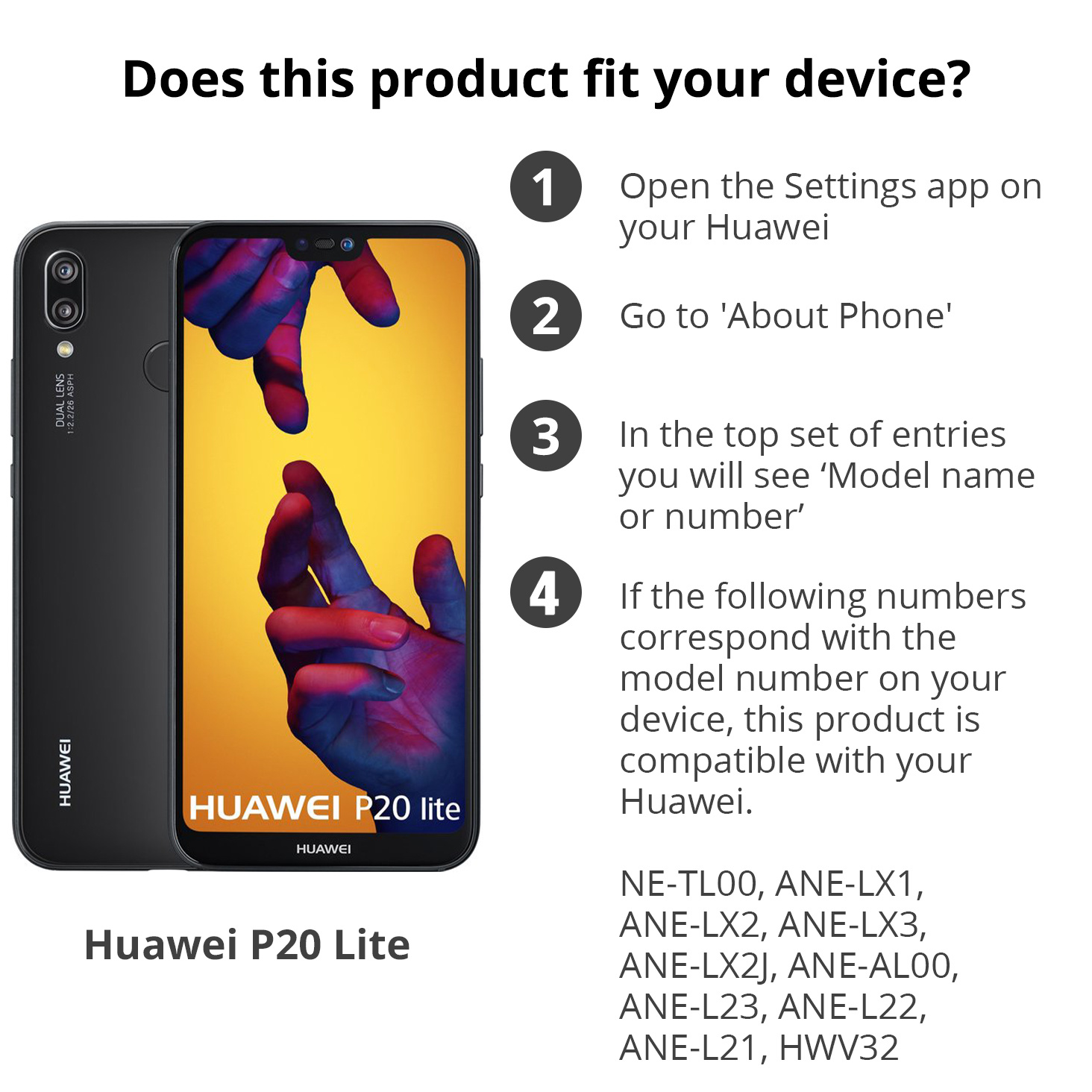 Téléphone noir Huawei P20 Lite avec instructions textuelles. Fond blanc. Étui à gauche.