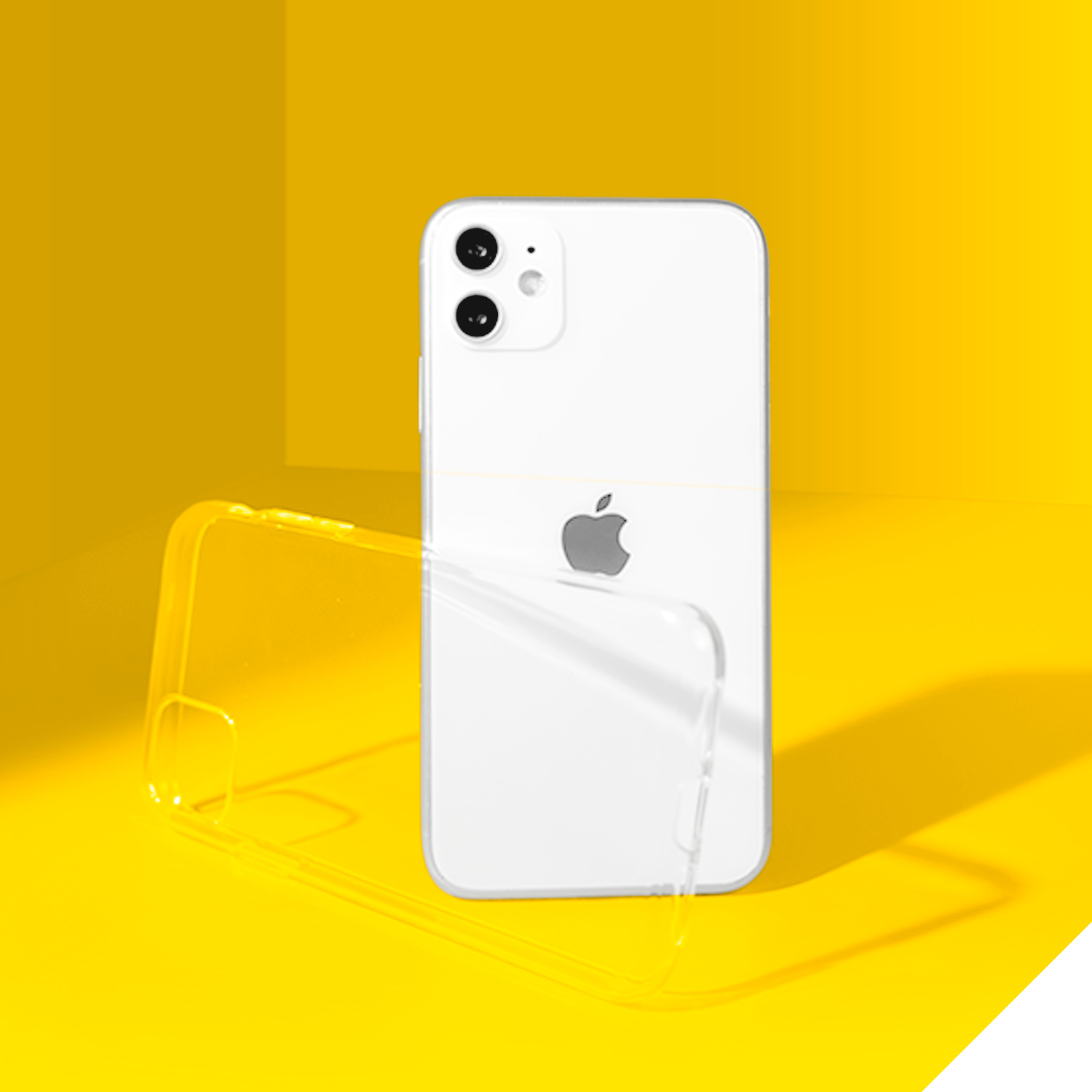 Witte iPhone met een doorzichtige hoes op een gele achtergrond. De hoes is transparant.