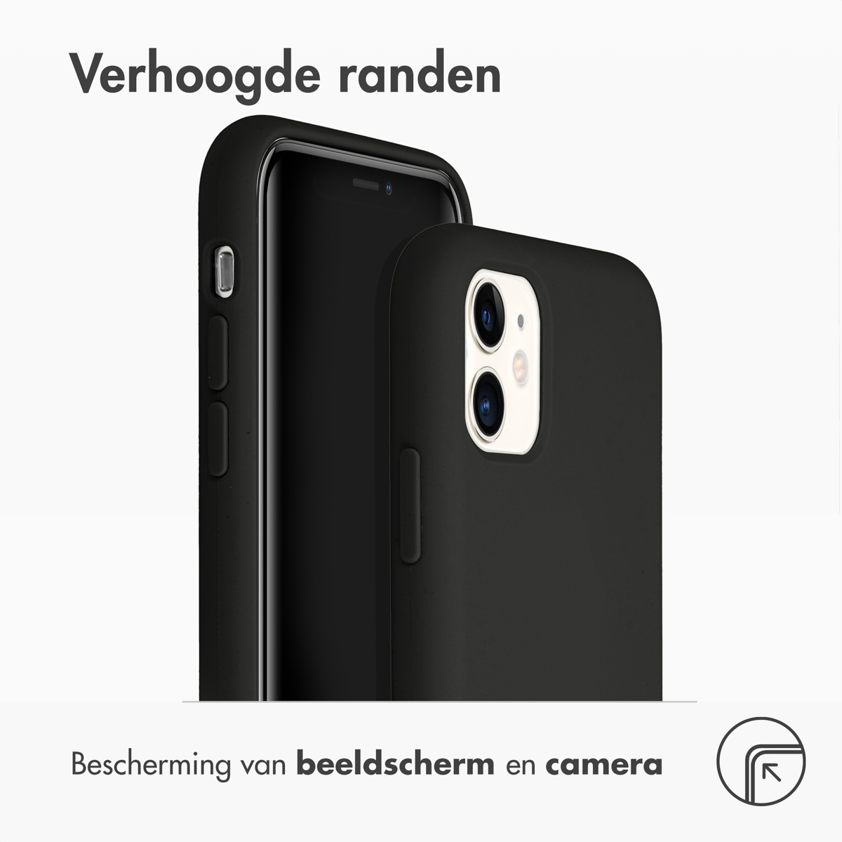 Zwarte telefoonhoes met zwarte telefoon. Tekst bovenaan: "Verhoogde randen" en tekst onderaan.