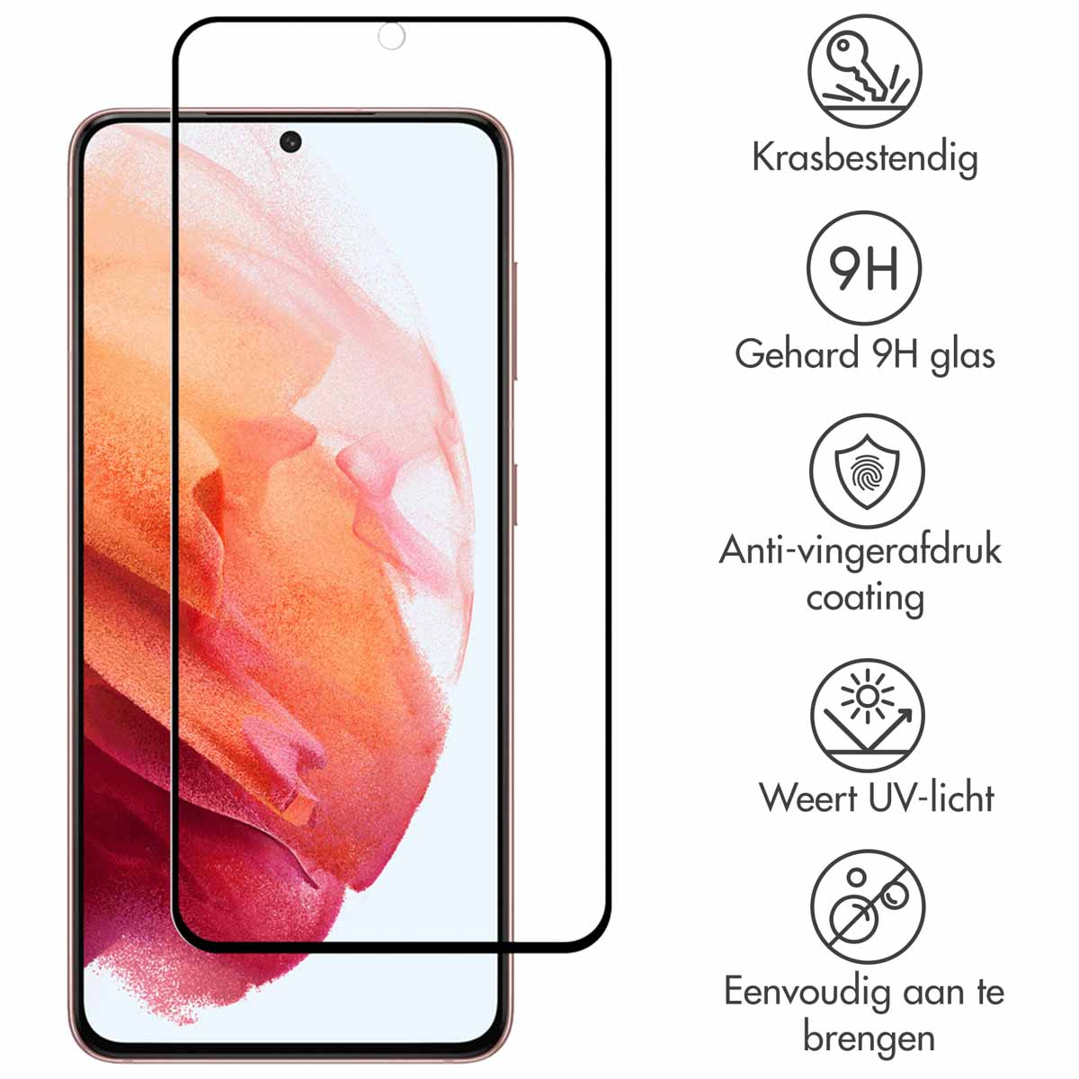 A phone with a screen protector applied. Texts: scratch-resistant, 9H glass, anti-fingerprint, UV light protection.