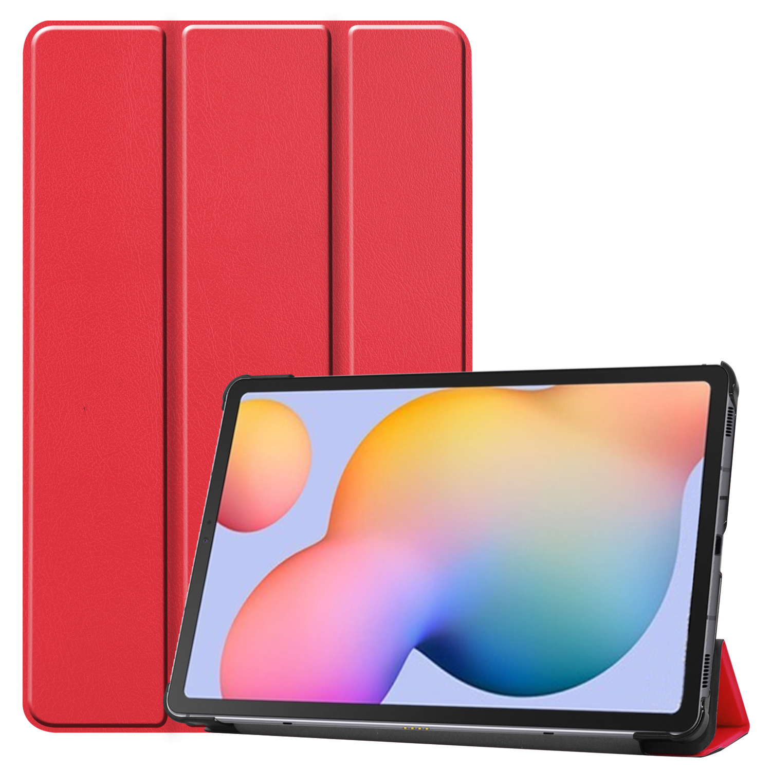 Rode tablethoes met de tablet erin. De hoes kan rechtop staan.