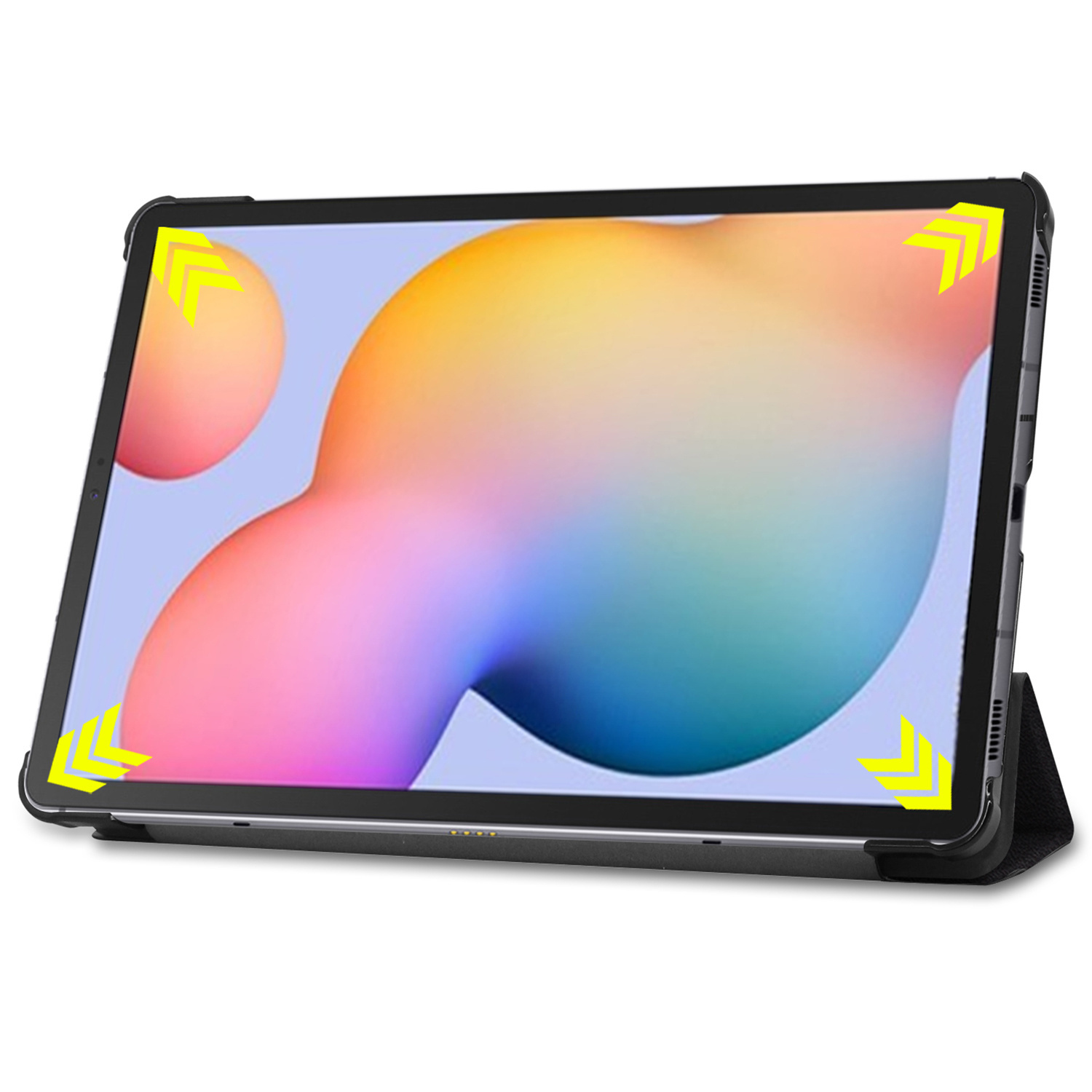 Tablet in zwarte case met cover. Gele pijlen wijzen naar randen.