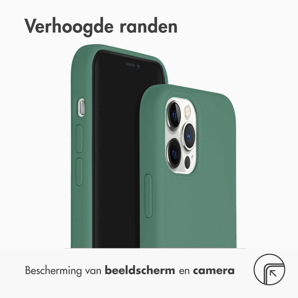 Twee groene telefoonhoesjes, één met de telefoon erin, tekst 'Verhoogde randen' erboven.