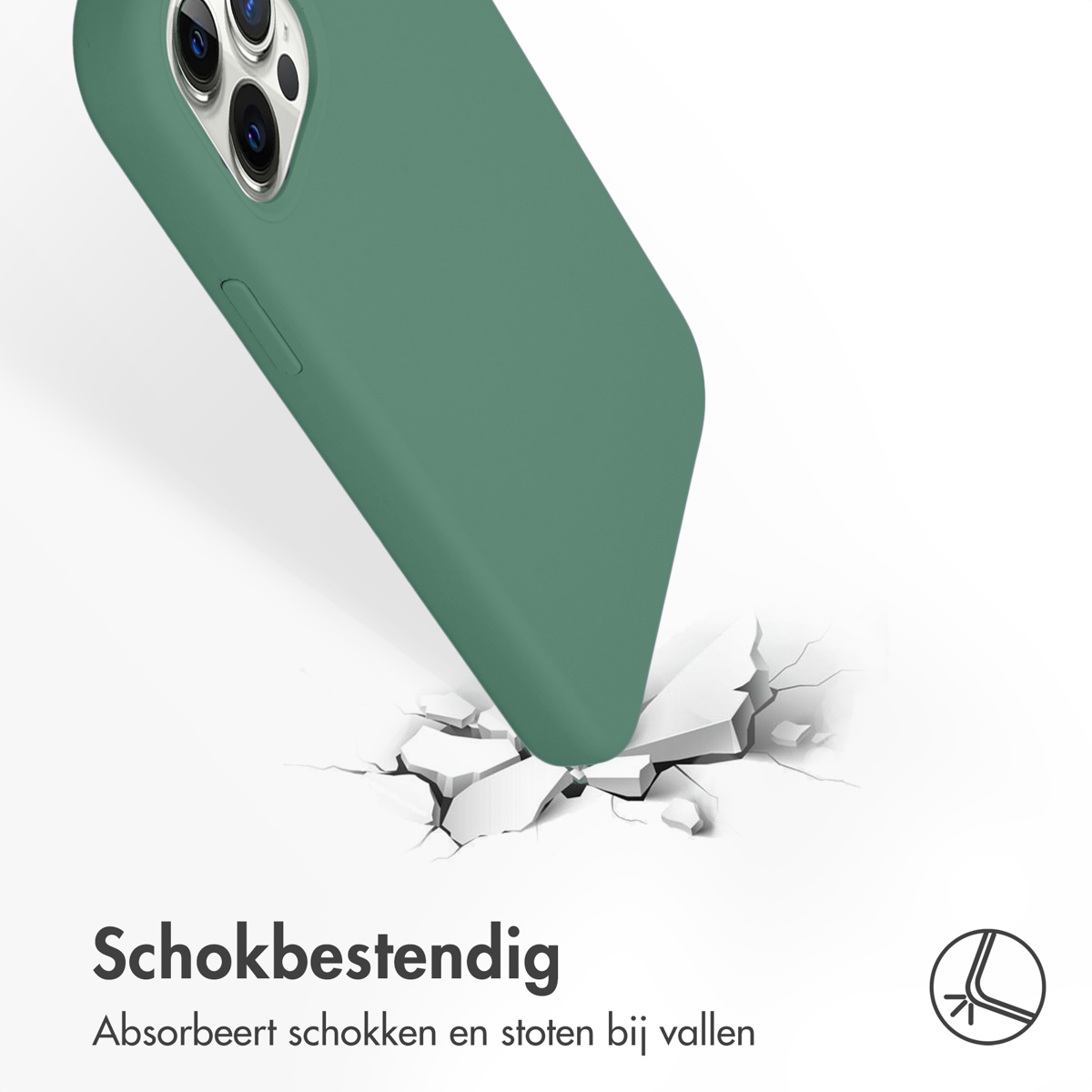 Groene telefoonhoes valt op een gebarsten oppervlak. Tekst: Schokbestendig, absorbeert schokken.