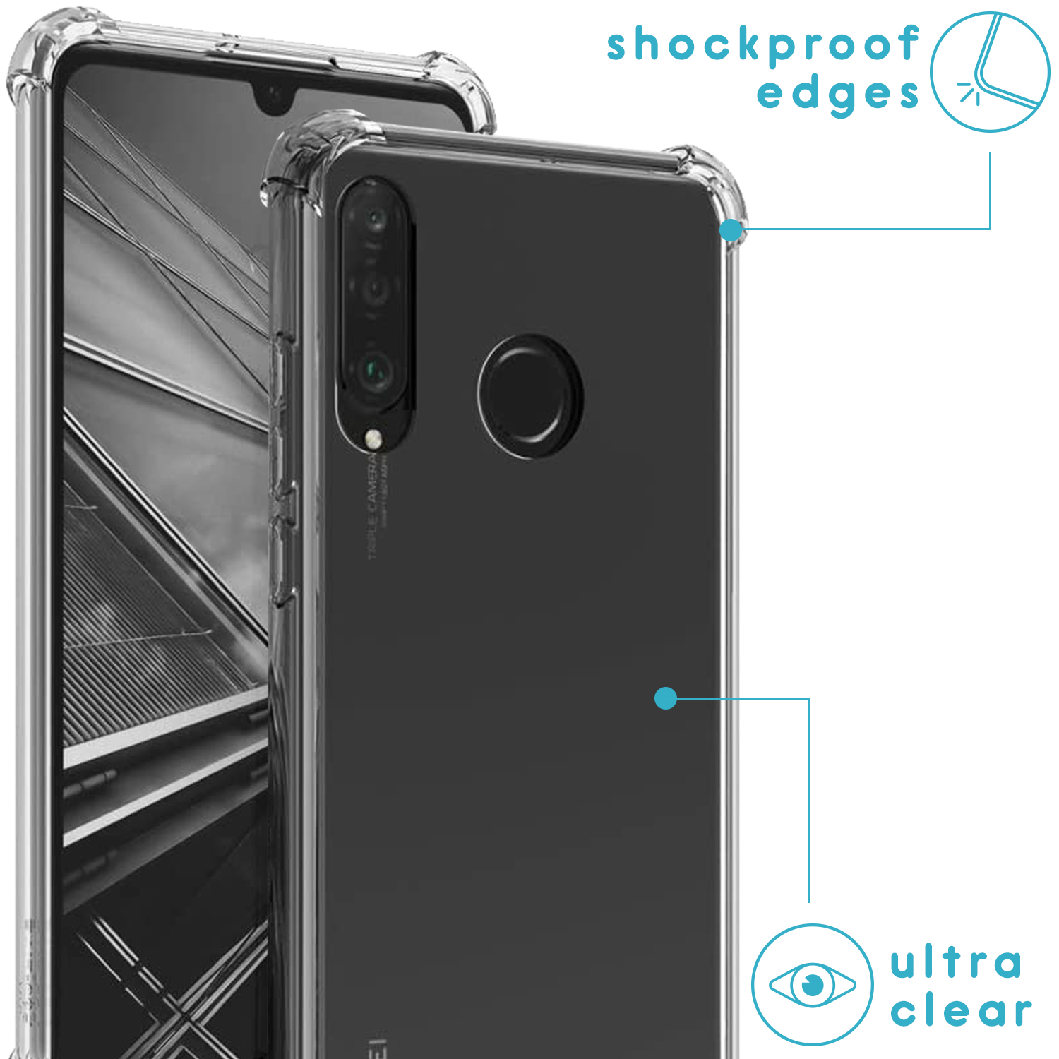 Twee telefoons in transparante hoesjes, één met schokbestendige randen. De telefoons staan naast elkaar en zijn ultra helder.