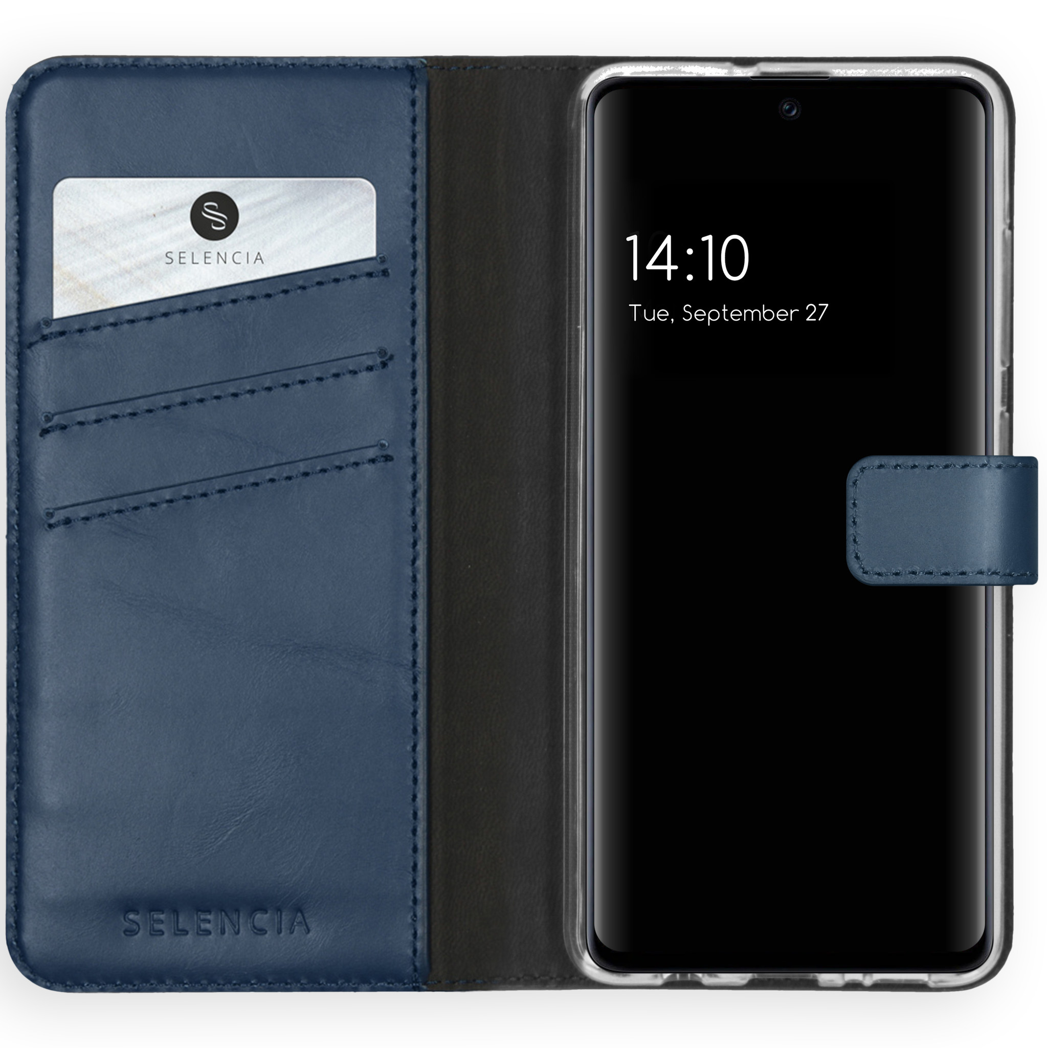 Custodia blu per telefono con carta e telefono con l'ora visualizzata.