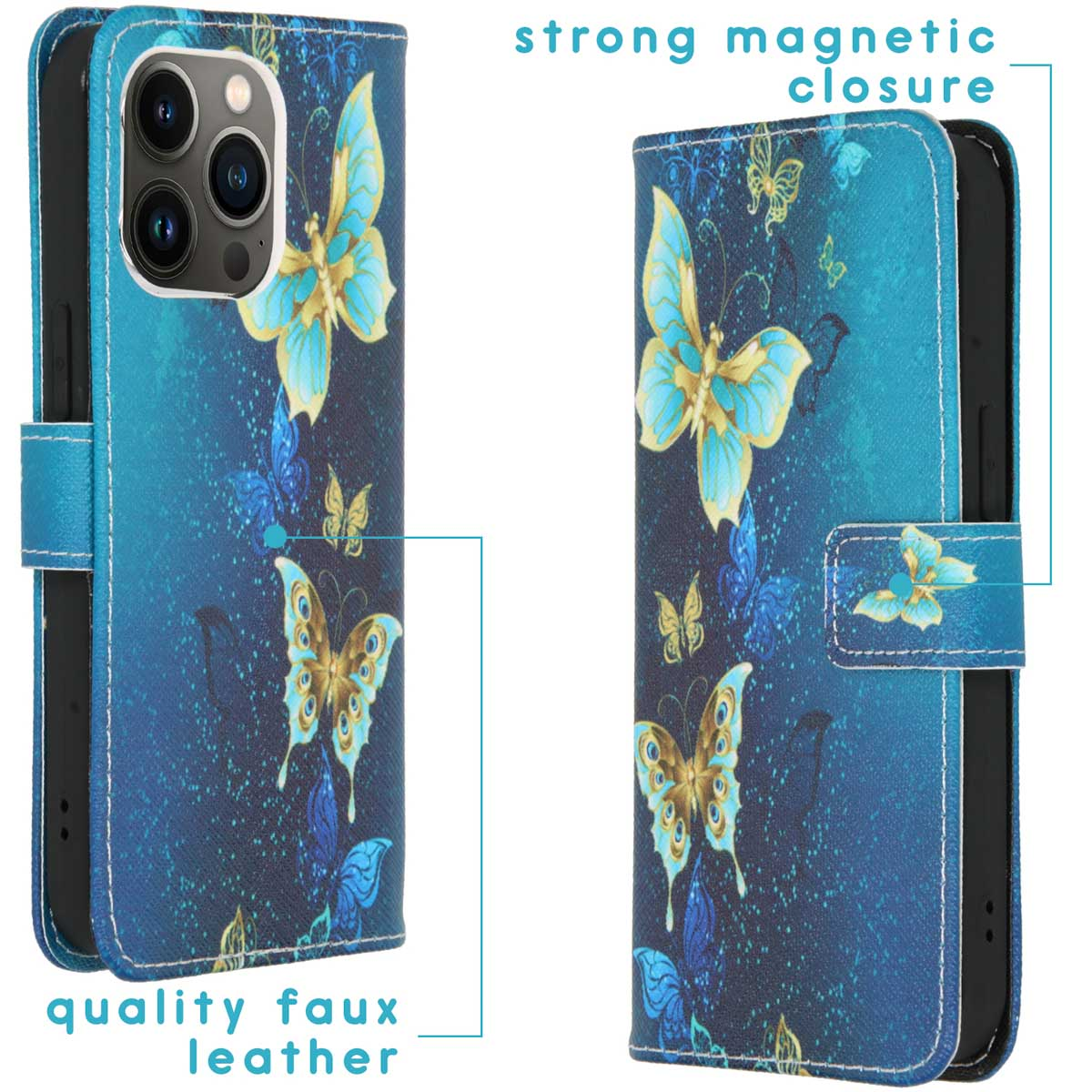 Blaue Handyhülle mit Schmetterlingen. Magnetverschluss und Kunstleder. Ein Telefon ist drin.