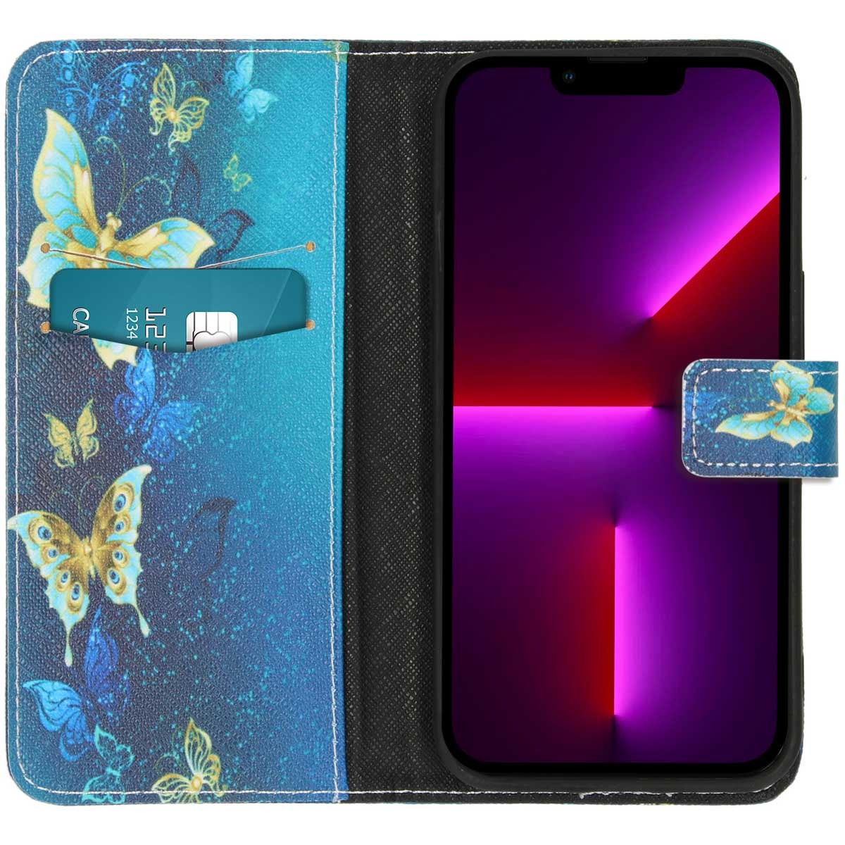 Blaue Handyhülle mit Schmetterlingsdesign. Ein Telefon ist drin, und eine Kreditkarte im Slot.